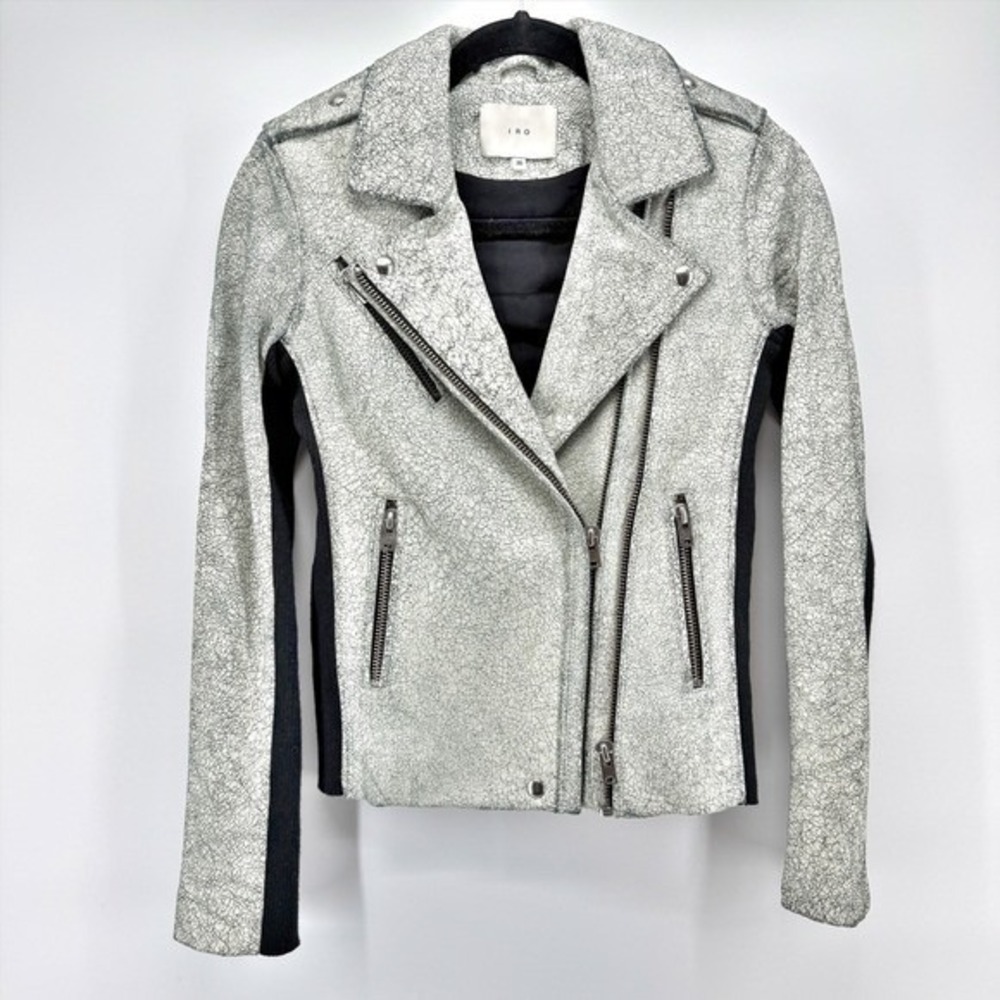 IRO Ilaria Ribbed Knit Paneled Cracked 100% Lamb Leather Moto Jacket Small NEW - Picture 11 of 12